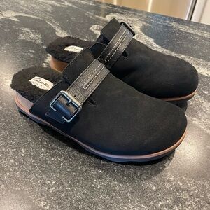 Clarks Women Cozy Clog Flats Brynn Slide Size US 9 1/2 Black Suede Leather